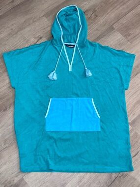 Lands End Teal Hooded Beach Poncho with Aqua Pocket